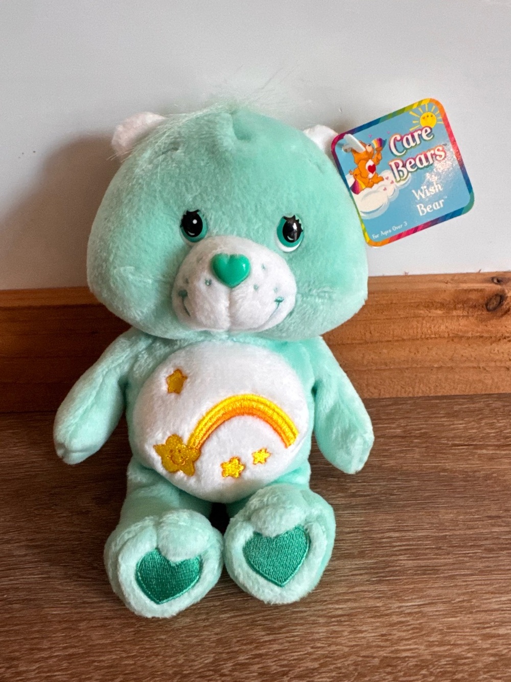 Care Bears Wish Bear Plush - Mint Green with Yellow Embroidered Rainbow year2002